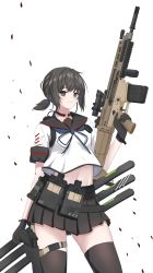 Rule 34 | 1girl, absurdres, adapted costume, assault rifle, beretta 92, black eyes, black gloves, black hair, black sailor collar, black skirt, black thighhighs, character name, contrapposto, cowboy shot, fn scar, fubuki (kancolle), fubuki kai ni (kancolle), gloves, gun, handgun, highres, holster, kantai collection, looking at viewer, low ponytail, pistol, pleated skirt, ponytail, rifle, rynn (rynn cube), sailor collar, school uniform, serafuku, short ponytail, sidelocks, simple background, skirt, solo, magazine (weapon), standing, thighhighs, vertical forward grip, weapon, weapon request, white background