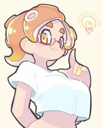 Rule 34 | 1girl, arm behind back, breasts, closed mouth, commentary, cropped shirt, eyelashes, glasses, hekoningyou (waraningyou), large breasts, light bulb, medium hair, nintendo, octoling, octoling girl, octoling player character, orange eyes, orange hair, red-framed eyewear, shirt, simple background, smile, solo, splatoon (series), symbol-only commentary, tentacle hair, thick eyebrows, upper body, white shirt, yellow background