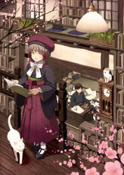 Rule 34 | 1boy, 1girl, :d, black cat, black footwear, blue eyes, blush, book, bookshelf, bow, brown eyes, brown hair, cat, cherry blossoms, clock, desk, hair ornament, hakama, hakama skirt, hat, heterochromia, holding, holding book, japanese clothes, kimono, long sleeves, looking at viewer, mary janes, open book, open mouth, original, pleated skirt, red eyes, red hat, red skirt, shoes, short hair, sitting, skirt, smile, standing, tozaki makoto, white bow, white cat, wooden floor, yellow eyes
