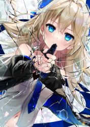 Rule 34 | 1girl, absurdres, aiming, aiming at viewer, aoe ui, bare shoulders, blonde hair, blue eyes, breasts, broken glass, character request, closed mouth, copyright request, dress, expressionless, fingernails, glass, gun, handgun, highres, holding, holding gun, holding weapon, light particles, long hair, looking at viewer, messy hair, midriff peek, navel, off-shoulder dress, off shoulder, shattered, small breasts, solo, upper body, weapon