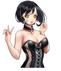 Rule 34 | + +, 1girl, :o, bare shoulders, black hair, breasts, brooch, brown eyes, choker, cleavage, copyright request, corset, detached collar, hand up, headset, jewelry, large breasts, looking at viewer, no bra, short hair, simple background, solo, upper body, white background, yeonjun park