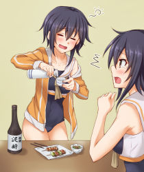 Rule 34 | 2girls, alcohol, anti (untea9), asymmetrical hair, black hair, black one-piece swimsuit, bottle, choko (cup), commentary request, cowboy shot, cup, drunk, flying sweatdrops, food, framed breasts, grey background, hair between eyes, highres, i-13 (kancolle), i-14 (kancolle), jacket, kantai collection, kebab, multiple girls, one-piece swimsuit, open clothes, open jacket, orange jacket, pouring, sailor collar, sake, sake bottle, school swimsuit, short hair, simple background, squeans, standing, swimsuit, white sailor collar