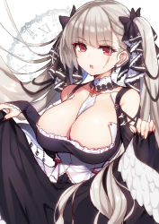Rule 34 | 1girl, azur lane, between breasts, black dress, black nails, blush, breasts, cleavage, dress, earrings, formidable (azur lane), frilled dress, frills, grey hair, hair ornament, hair ribbon, highres, jewelry, large breasts, long hair, looking at viewer, nail polish, open mouth, raiou, red eyes, ribbon, skirt hold, solo, twintails