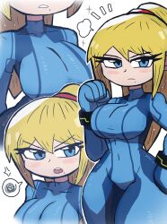 Rule 34 | absurdres, angry, blonde hair, blue bodysuit, blue eyes, bodysuit, breasts, close-up, covered navel, cowboy shot, eyelashes, hair between eyes, highres, large breasts, long hair, looking at viewer, metroid, mole, mole under mouth, multiple views, navel, nintendo, open mouth, ponytail, samus aran, standing, thick thighs, thighs, tony welt, wide hips