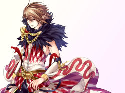 Rule 34 | 1boy, armor, black pants, brown hair, chain, chain necklace, closed mouth, commentary request, cowboy shot, detached sleeves, fur collar, jewelry, kiribox, looking to the side, male focus, necklace, open clothes, open shirt, pants, pauldrons, pointy ears, ragnarok online, red eyes, ribbon, shirt, short hair, shoulder armor, simple background, single pauldron, sleeve ribbon, sleeveless, sleeveless shirt, snake, solo, sorcerer (ragnarok online), white background, white shirt, white sleeves, yellow ribbon
