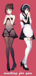 Rule 34 | 1girl, 2girls, absurdres, apron, ar (3779609928), back bow, bare arms, bare shoulders, black eyes, black footwear, black hair, black panties, black thighhighs, blue eyes, bow, brown hair, closed mouth, cross, cross earrings, detached collar, earrings, english text, frilled apron, frills, full body, garter straps, hair bun, hands on own chest, high heels, highres, jewelry, looking at viewer, looking away, looking down, maid, maid headdress, multiple girls, navel, original, own hands together, panties, puffy short sleeves, puffy sleeves, red background, red eyes, see-through, short hair, short hair with long locks, short sleeves, sidelocks, single hair bun, standing, strapless, thighhighs, underwear, waist apron, white apron, white bow, white thighhighs, zettai ryouiki