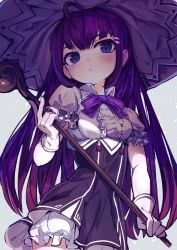 Rule 34 | 1girl, ahoge, black skirt, blue eyes, blush, bow, bowtie, breasts, closed mouth, commentary request, gloves, grey background, hair ornament, hairclip, hat, high-waist skirt, highres, holding, ketopon, long hair, looking at viewer, original, puffy short sleeves, puffy sleeves, purple bow, purple bowtie, purple hair, short sleeves, simple background, skirt, small breasts, solo, staff, upper body, white gloves, witch hat