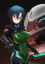 Rule 34 | 1girl, blue hair, breasts, covered navel, fortified suit, glasses, hair bun, head tilt, highres, hiwa industry, komaki sayoko, looking at viewer, medium breasts, muv-luv, muv-luv alternative, muv-luv unlimited: the day after, open hands, parted bangs, pilot suit, science fiction, single hair bun, skin tight, solo, tactical surface fighter, type 94 shiranui, v-shaped eyebrows, visor