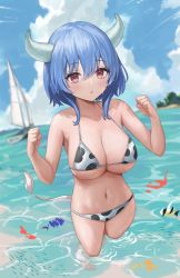 Rule 34 | 1girl, animal print, bikini, blue hair, blush, breasts, cleavage, clenched hands, cow print, cow tail, hands up, highres, horns, jashin-chan dropkick, large breasts, looking at viewer, medium hair, minos (jashin-chan dropkick), navel, parted lips, partially submerged, pink eyes, red eyes, sauvignon, sideboob, swimsuit, tail, thighs, underboob, water