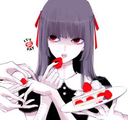 Rule 34 | 1boy, 2others, :d, awara kayu, black dress, black nails, blunt bangs, cake, cake slice, commentary request, crossdressing, dress, food, fork, fruit, hair ribbon, hand up, holding, holding food, holding fruit, holding plate, jewelry, long hair, multiple others, nail polish, open mouth, plate, puffy short sleeves, puffy sleeves, purple hair, red eyes, ribbon, ring, short sleeves, simple background, smile, solo focus, stitches, strawberry, strawberry shortcake, suzuya juuzou, teeth, tokyo ghoul, tokyo ghoul:re, trap, upper body, upper teeth only, white background