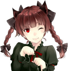 Rule 34 | 1girl, :3, animal ears, bow, braid, cat day, cat ears, dress, extra ears, green dress, hair bow, juliet sleeves, kaenbyou rin, long sleeves, nagata nagato, one eye closed, paw pose, puffy sleeves, red eyes, red hair, solo, touhou, twin braids, upper body