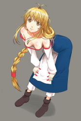Rule 34 | 1girl, antenna hair, arc the lad, arc the lad ii, bare shoulders, blonde hair, boots, braid, breasts, breasts apart, brown eyes, brown footwear, collarbone, colored eyelashes, dress, full body, grey background, hanging breasts, lieza (arc the lad), long hair, looking at viewer, low-tied long hair, shimura (hosshi), simple background, single braid, smile, solo, standing, very long hair, white dress