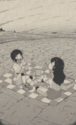 Rule 34 | 2girls, all tomorrows, black hair, bow, cup, drinking, eating, food, full body, greyscale, hair bow, highres, holly (tyrone), lily (tyrone), long hair, monochrome, multiple girls, original, outdoors, picnic, picnic basket, sandwich, short hair, sitting, teacup, tooth gap, tyrone
