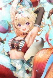 Rule 34 | 1girl, absurdres, ahoge, animal ears, armpits, ball, blonde hair, bow, bowtie, breasts, cleavage, elbow gloves, fox ears, gloves, hair ornament, highres, hololive, long hair, looking at viewer, medium breasts, mermaid, monster girl, multicolored hair, ocean, omaru polka, open mouth, pink hair, purple eyes, red bow, red bowtie, single elbow glove, smile, solo, streaked hair, towrituka, virtual youtuber, volleyball, volleyball (object)