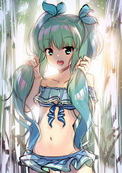 Rule 34 | 1girl, :d, bad id, bad pixiv id, bare shoulders, bikini, blue bikini, blue ribbon, collarbone, commentary request, cowboy shot, green eyes, green hair, groin, hair ribbon, hatsune miku, highres, holding, holding own hair, long hair, navel, open mouth, ribbon, round teeth, sketch, smile, solo, standing, swimsuit, teeth, twintails, upper teeth only, very long hair, vocaloid, yan (nicknikg)
