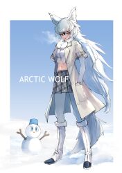 Rule 34 | 1girl, animal ears, arctic wolf (kemono friends), blush, boots, breath, coat, commentary request, elbow gloves, fur trim, gloves, grey coat, grey skirt, highres, kemono friends, long hair, looking at viewer, midriff, navel, open clothes, open coat, orange eyes, pantyhose, plaid, plaid skirt, plaid trim, pleated skirt, shirt, short sleeves, skirt, snow, snowman, solo, tail, white footwear, white fur, white gloves, white hair, white pantyhose, white shirt, wolf ears, wolf girl, wolf tail, yappamuri3