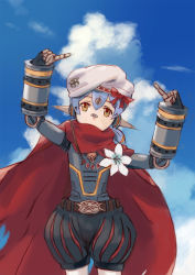 Rule 34 | 1girl, android, blue sky, cape, cowboy shot, day, duu (derhnky9f4), flower, hat, joints, nintendo, orange eyes, outdoors, poppi (xenoblade), poppi alpha (xenoblade), purple hair, red cape, robot ears, robot joints, short hair, sky, solo, twintails, white flower, xenoblade chronicles (series), xenoblade chronicles 2