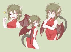 Rule 34 | 1girl, ;d, bad id, bad pixiv id, bare shoulders, black wings, clenched hand, crossed arms, d:, draco centauros, dragon girl, dragon horns, dragon tail, dragon wings, dress, elbow gloves, eyebrows, eyelashes, fang, gloves, green background, green eyes, green hair, hair between eyes, hand up, hands on own hips, horns, legs apart, madou monogatari, multiple views, nomura (buroriidesu), one eye closed, open mouth, pelvic curtain, pointy ears, puyopuyo, red dress, short hair, simple background, sleeveless, sleeveless dress, slit pupils, smile, spikes, star (symbol), tail, tail raised, tongue, upper body, v-shaped eyebrows, white gloves, wings