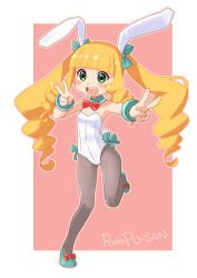 Rule 34 | 1girl, animal ears, blonde hair, blunt bangs, bow, bowtie, character name, commentary request, detached collar, drill hair, eiga daisuki pompo-san, green eyes, grey pantyhose, joelle pomponett, katahira masashi, leotard, long hair, open mouth, pantyhose, pink background, playboy bunny, rabbit ears, rabbit tail, red bow, red bowtie, round teeth, side-tie leotard, solo, standing, standing on one leg, strapless, strapless leotard, tail, teeth, upper teeth only, white leotard, wrist cuffs