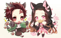 Rule 34 | 1boy, 1girl, :d, animal ears, animal hands, bad id, bad pixiv id, black hair, black legwear, black pants, blush, brother and sister, brown background, brown hair, cat ears, cat girl, cat tail, checkered sash, chibi, commentary request, earrings, fangs, food, food in mouth, forehead, gloves, gradient background, gradient hair, grey gloves, hair ribbon, heart, jacket, japanese clothes, jewelry, kamado nezuko, kamado tanjirou, kemonomimi mode, kimetsu no yaiba, kimono, long hair, long sleeves, mouth hold, multicolored hair, multiple tails, obi, open clothes, open jacket, open mouth, pants, parted bangs, paw gloves, paw print, pink eyes, pink kimono, pink ribbon, print kimono, red eyes, ribbon, sash, scar, scar on face, scar on forehead, siblings, smile, socks, sparkle, tail, taiyaki, taya oco, twitter username, two tails, v-shaped eyebrows, very long hair, wagashi, white background, white gloves, white kimono, wolf boy, wolf ears, wolf tail