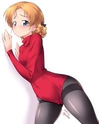 Rule 34 | 1girl, artist name, black pantyhose, blue eyes, blush, bow, braid, breasts, cameltoe, closed mouth, covered navel, dated, girls und panzer, groin, hair bow, hair ornament, heattech leotard, highres, kuzuryuu kennosuke, leotard, looking at viewer, one-hour drawing challenge, orange hair, orange pekoe (girls und panzer), pantyhose, shadow, shiny clothes, shiny skin, short hair, simple background, small breasts, snap crotch, solo, sweater, turtleneck, white background
