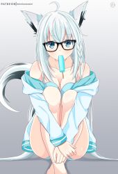 Rule 34 | 1girl, ahoge, animal ears, bare shoulders, bikini, blush, braid, breasts, cleavage, collarbone, commentary request, earrings, food, food in mouth, fox ears, fox girl, fox tail, glasses, gradient background, green bikini, green eyes, grey background, hair between eyes, helvetica std, highres, hololive, hood, hoodie, hugging own legs, jewelry, knees up, long hair, looking at viewer, medium breasts, open clothes, open hoodie, patreon username, popsicle, shirakami fubuki, shirakami fubuki (hololive summer 2019), sidelocks, signature, simple background, single braid, sitting, solo, swimsuit, tail, virtual youtuber, white background, white hair, white hoodie