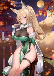 Rule 34 | 1girl, animal ears, autumn, breasts, choko (cup), commission, covered navel, cup, curvy, detached sleeves, dress, folding fan, fox ears, fox tail, full moon, green dress, hand fan, highleg, highleg leotard, highres, impossible clothes, large breasts, leaf, legs together, leotard, leotard under clothes, light brown hair, maple leaf, moon, night, nima (niru54), no panties, original, outdoors, parted lips, pelvic curtain, ponytail, second-party source, sidelocks, sitting, skeb commission, smile, solo, suirin (tukikagerou), tail, thigh strap, yellow eyes
