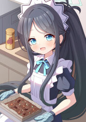 Rule 34 | 1girl, aris (blue archive), azel (laevateinn495), black hair, blue archive, blue eyes, gloves, highres, looking at viewer, maid, open mouth, ponytail, short sleeves, solo