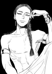 Rule 34 | 1boy, armlet, arms up, bad id, bad pixiv id, bracelet, braid, earrings, elbow on knee, ennead, eyeliner, greyscale, highres, jewelry, long hair, looking at viewer, ma2, makeup, male focus, monochrome, nail polish, ring, seth (ennead), single braid, sketch, solo, topless male