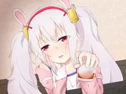 Rule 34 | 1girl, absurdres, alcohol, animal ears, artist request, azur lane, camisole, cup, fake animal ears, hairband, head on hand, highres, holding, holding cup, iceball, jacket, laffey (azur lane), long hair, looking at viewer, pink jacket, rabbit ears, red eyes, solo, table, twintails, upper body, white camisole, white hair