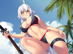 Rule 34 | 1girl, bare arms, bare legs, bare shoulders, belt, bikini, black bikini, blue sky, breasts, cloud, coconut tree, covered erect nipples, eyebrows hidden by hair, fate/grand order, fate (series), hair between eyes, highres, holding, holding sword, holding weapon, jeanne d&#039;arc alter (swimsuit berserker) (fate), jeanne d&#039;arc (fate), jeanne d&#039;arc alter (fate), jeanne d&#039;arc alter (swimsuit berserker) (fate), katana, leg belt, long hair, looking at viewer, looking down, open mouth, palm tree, sky, smile, solo, stomach, swimsuit, sword, teeth, toniwing, tree, weapon, white hair, yellow eyes