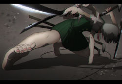 Rule 34 | 1girl, absurdres, barefoot, covered face, extra arms, from side, highres, holding, holding sword, holding weapon, katana, kneeling, konpaku youmu, letterboxed, multiple wielding, niwarhythm, on one knee, pleated skirt, sheath, sheathed, short hair, skirt, solo, sword, touhou, unsheathing, weapon, white hair