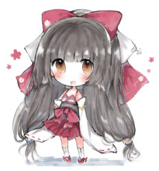 Rule 34 | 1girl, :d, azur lane, bad id, bad pixiv id, bare shoulders, blush, bow, brown eyes, brown hair, chibi, cottontailtokki, detached sleeves, hair bow, harutsuki (azur lane), highres, kneehighs, long hair, long sleeves, looking at viewer, nontraditional miko, open mouth, pleated skirt, red bow, red footwear, red skirt, ribbon-trimmed sleeves, ribbon trim, skirt, sleeves past fingers, sleeves past wrists, smile, socks, solo, standing, very long hair, white socks, wide sleeves