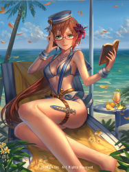 Rule 34 | 10s, 1girl, adjusting eyewear, anchor earrings, bad id, bad pixiv id, beach, beach towel, beach umbrella, bikini, book, breasts, chair, cleavage, cloud, company name, cup, dagger, day, drink, earrings, flower, food, fruit, glasses, glint, green eyes, hair flower, hair ornament, hat, hat ribbon, hibiscus, highres, holding, holding book, holster, jewelry, juice, knife, legs, long hair, looking at viewer, lounge chair, low ponytail, medium breasts, necklace, ocean, official art, open book, orange (fruit), orange hair, orange juice, outdoors, palm tree, parted lips, petals, ponytail, red-framed eyewear, ribbon, sailor collar, sailor hat, seisen cerberus, semi-rimless eyewear, sideboob, sitting, skindentation, sky, smile, solo, striped, suspenders, swimsuit, table, thigh holster, thigh strap, towel, tree, umbrella, under-rim eyewear, very long hair, water, watermark, weapon, white bikini, wrist cuffs, yokozuwari, yoshimitsu kataha