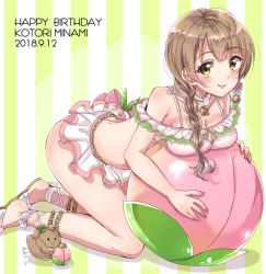 Rule 34 | 1girl, alternate hairstyle, animal, ball, bikini, bikini skirt, bird, blush, braid, breast press, brown hair, character name, cross-laced footwear, dated, detached collar, eneco, food, fruit, happy birthday, kneeling, long hair, looking at viewer, love live!, love live! school idol festival, love live! school idol project, minami kotori, minami kotori (bird), multicolored nails, nail polish, peach, pink nails, sandals, smile, solo, striped, striped background, swimsuit, twin braids, vertical stripes, white nails, yellow eyes