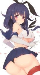 Rule 34 | 1girl, ahoge, animal ears, ass, bare shoulders, black hair, black panties, blue skirt, breasts, commentary request, cosplay, cowboy shot, crop top, crop top overhang, elbow gloves, fake animal ears, from behind, frontal wedgie, gloves, hair flaps, hair ribbon, heart, highres, kagerou (shadowmage), kantai collection, large breasts, long hair, looking at viewer, looking back, microskirt, midriff, neckerchief, panties, panty pull, petals, pleated skirt, red eyes, ribbon, sailor collar, school uniform, serafuku, shimakaze (kancolle), shimakaze (kancolle) (cosplay), shirt, simple background, skirt, sleeveless, sleeveless shirt, solo, striped clothes, striped thighhighs, taigei (kancolle), thighhighs, thong, underboob, underwear, wedgie, white background, white gloves, white shirt