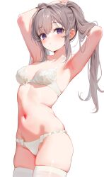 Rule 34 | 1girl, armpits, arms up, bandaid, bandaid on face, bandaid on forehead, blush, bra, breasts, collarbone, gin00, grey hair, hair between eyes, highres, idolmaster, idolmaster shiny colors, long hair, looking at viewer, navel, panties, purple eyes, simple background, skindentation, small breasts, solo, stomach, thighhighs, twintails, underwear, underwear only, white background, white bra, white panties, white thighhighs, yukoku kiriko