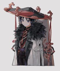 Rule 34 | 1boy, black hair, blush, closed mouth, coat, coat on shoulders, cropped legs, fur-trimmed coat, fur trim, genshin impact, grey background, hat, highres, japanese clothes, jingasa, looking at viewer, makeup, male focus, multicolored hair, purple eyes, purple hair, scaramouche (genshin impact), simple background, solo, taikan (caiye 7), white coat