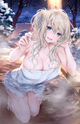 Rule 34 | 1girl, :d, blonde hair, blue eyes, breasts, character request, cleavage, copyright request, highres, hot spring, kaguyuzu, large breasts, long hair, looking at viewer, naked towel, onsen, open mouth, partially submerged, smile, solo, steam, towel, water, wavy hair, wet
