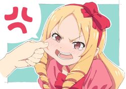 Rule 34 | 10s, 1girl, angry, blonde hair, blush, bow, bowtie, brown eyes, cheek pinching, dress, eromanga sensei, frills, frown, hair bow, highres, open mouth, pinching, puffy short sleeves, puffy sleeves, red bow, short sleeves, simple background, solo, tears, thought bubble, upper body, villdona, white background, yamada elf
