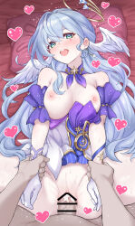 Rule 34 | 1boy, 1girl, absurdres, aqua eyes, bar censor, bare shoulders, blue hair, blush, breasts, censored, cum, cum in pussy, daram (shappydude), detached sleeves, earrings, facial mark, gloves, halo, happy sex, head wings, heart, hetero, highres, holding another&#039;s arm, honkai: star rail, honkai (series), jewelry, long hair, loving aura, medium breasts, missionary, nipples, on bed, open mouth, pillow, pov, pussy, pussy juice, robin (honkai: star rail), saliva, single earring, sweat, tongue, tongue out, trembling, very long hair, white gloves, wings