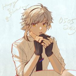 Rule 34 | 1boy, black gloves, black necktie, bungou stray dogs, collared shirt, dated, fingerless gloves, food, gloves, hands up, happy birthday, holding, holding food, kleinlight, male focus, nakajima atsushi (bungou stray dogs), necktie, open mouth, shirt, short hair, sleeves rolled up, smile, solo, upper body, white background, white hair, white shirt, yellow eyes