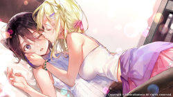 Rule 34 | 2girls, bare arms, bare shoulders, bed, black hair, blonde hair, blue eyes, bracelet, camisole, closed eyes, clothes around waist, copyright notice, dsmile, dutch angle, furutachi ren, girl on top, hair ornament, hair ribbon, hand on another&#039;s face, hayahoshi akuru, jewelry, kiss, kissing cheek, lens flare, long hair, medium hair, multiple girls, official art, on bed, one eye closed, oshi no love yori koi no love, pink ribbon, pink skirt, purple sweater, ribbed sweater, ribbon, skirt, sleeveless, sleeveless sweater, sweat, sweater, sweater around waist, white camisole, white sweater, yuri
