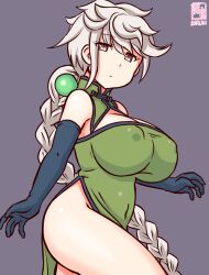 Rule 34 | 1girl, alternate costume, artist logo, asymmetrical hair, blush, braid, breasts, brown background, china dress, chinese clothes, covered erect nipples, dated, dress, gradient background, green dress, grey hair, kanon (kurogane knights), kantai collection, large breasts, long hair, looking at viewer, one-hour drawing challenge, single braid, solo, unryuu (kancolle), very long hair, wavy hair, white hair, yellow eyes