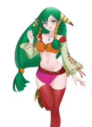 Rule 34 | 1girl, absurdres, belt, breasts, crop top, feena (grandia), foot out of frame, grandia, green eyes, green hair, green sleeves, hand up, highres, jewelry, leg up, legs, long hair, long sleeves, looking at viewer, low-tied long hair, medium breasts, microskirt, midriff, navel, necklace, open mouth, orange shirt, parfait desu, pink skirt, red thighhighs, shirt, shoes, side slit, sidelocks, simple background, skirt, smile, solo, stomach, thighhighs, thighs, very long hair, white background