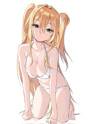 Rule 34 | 1girl, all fours, armpit crease, bikini, blonde hair, blush, breasts, cleavage, closed mouth, curled fingers, double-parted bangs, eyelashes, green eyes, hair between eyes, hair intakes, halterneck, highres, large breasts, long hair, original, segeul, simple background, solo, string bikini, swimsuit, two side up, very long hair, white background, white bikini
