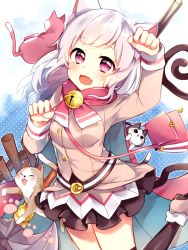 Rule 34 | 10s, 1girl, :3, :d, ^ ^, animal ears, arm up, bag, black skirt, black thighhighs, cat, cat ears, closed eyes, fang, grey hair, hand up, jacket, leafwow, long hair, looking at viewer, merc storia, nono (merc storia), open mouth, over-kneehighs, paw pose, pouch, purple eyes, shoulder bag, skirt, smile, solo, staff, tareme, thighhighs