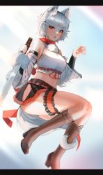 Rule 34 | 1girl, animal ears, bare shoulders, belt boots, black skirt, blush, boots, breasts, bridal garter, brown footwear, crop top, detached sleeves, ehrrr, frills, full body, hair between eyes, high heel boots, high heels, highres, hip vent, inubashiri momiji, knee boots, letterboxed, looking at viewer, medium breasts, midriff, miniskirt, open mouth, panties, red eyes, ribbon-trimmed sleeves, ribbon trim, shirt, short hair, silver hair, skirt, sleeveless, sleeveless shirt, solo, string panties, sword, tail, touhou, underwear, weapon, white panties, white shirt, wolf ears, wolf tail