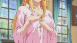 Rule 34 | 00s, 1girl, animated, animated gif, ass, bangle, blonde hair, bracelet, breasts, censored, collarbone, curtains, female focus, fingernails, from behind, head out of frame, indoors, jewelry, kafun shoujo chuuihou!, large breasts, long fingernails, long hair, navel, nipples, no bra, nude, open clothes, open shirt, painting (action), pink shirt, pussy, rui (kafun shoujo chuuihou!), shirt, solo, standing, thigh strap, undressing, window