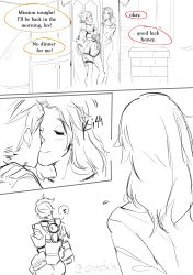 Rule 34 | 2girls, absurdres, bad id, bad twitter id, blush, bodysuit, chest harness, comic, emily (overwatch), english text, closed eyes, face-to-face, flying sweatdrops, goggles, greyscale, harness, highres, hitomi desu, jacket, kiss, long hair, long sleeves, monochrome, multiple girls, musical note, open mouth, overwatch, overwatch 1, pants, quaver, shirt, short sleeves, sleeves rolled up, spiked hair, spoken musical note, strap, thigh strap, tracer (overwatch), twitter username, yuri